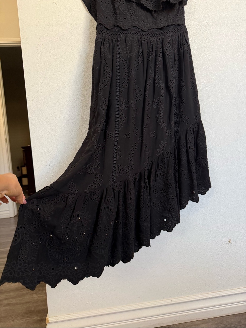 The Kooples Black Eyelet One Shoulder High Low Midi Dress Sz 3 - Picture 5 of 13